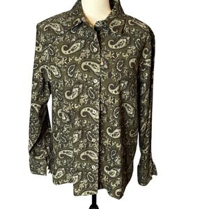 La Cabana All Night Long Shirt XL Green Paisley Button Up Long Sleeve Blouse